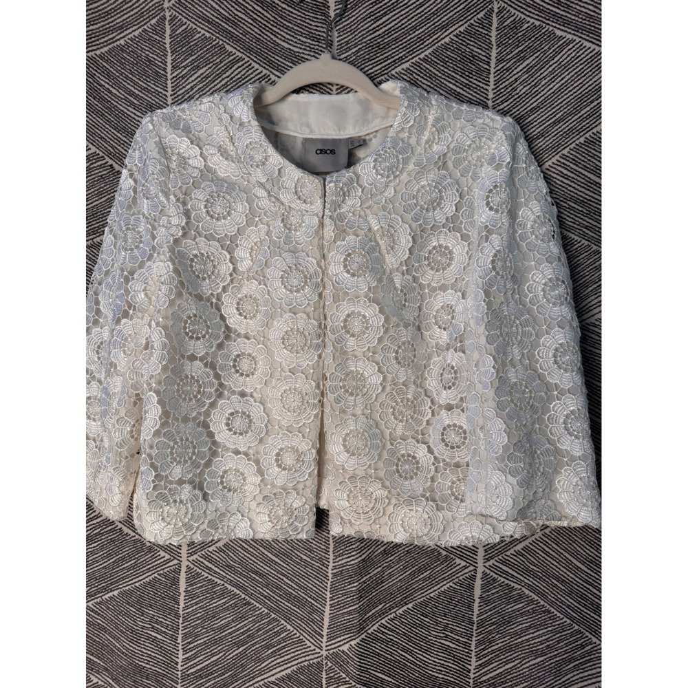 ASOS White Lace Floral‎ Cropped Jacket Coquette Women's US 8 UK 12